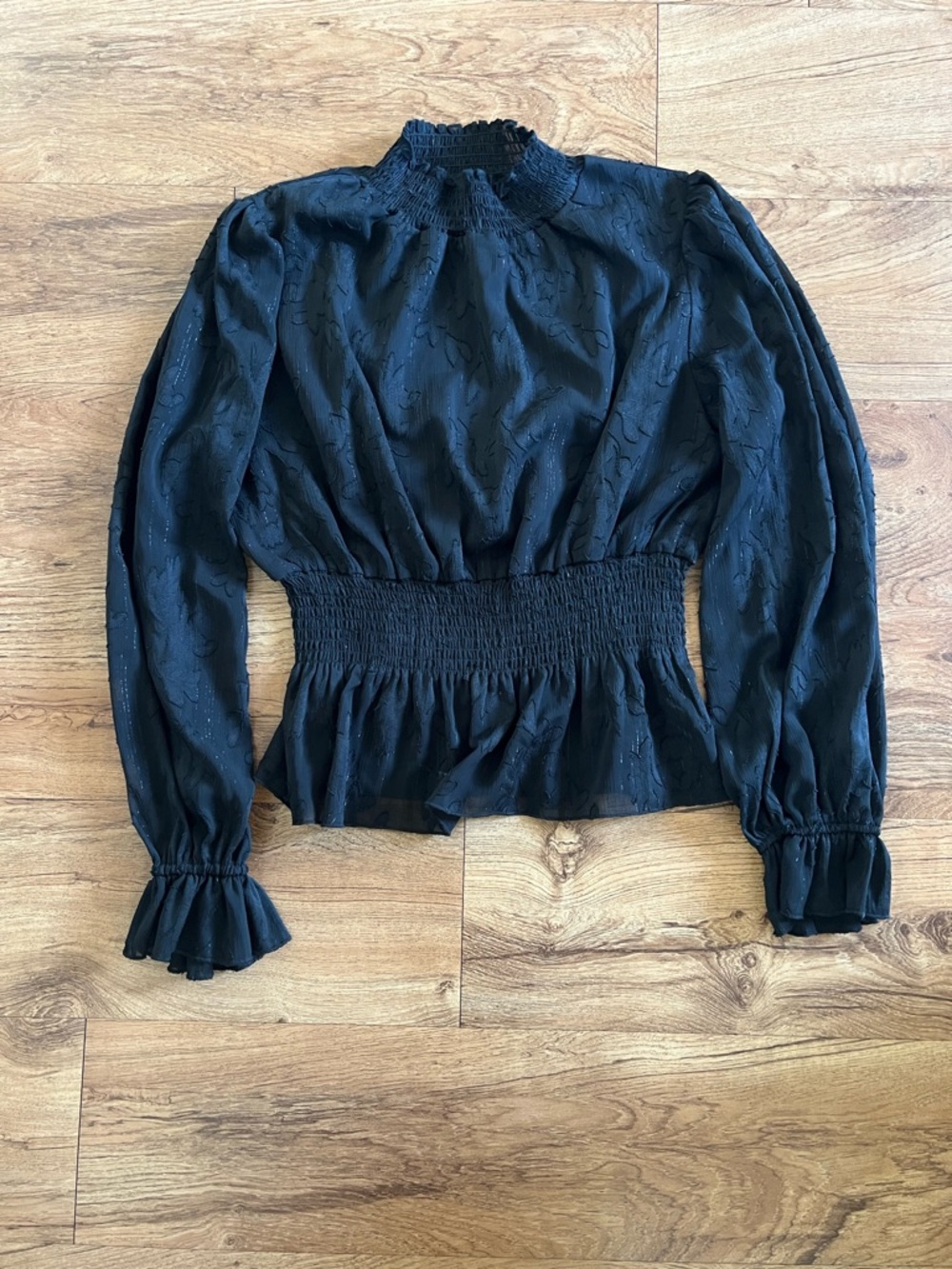 OPI Black Smocked-Waist Puff Sleeve Blouse